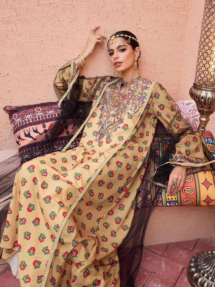 Al Najma Vestido árabe holgado con estampado floral, cuello con muesca y mangas acampanadas de malla, estilo modesto de vacaciones