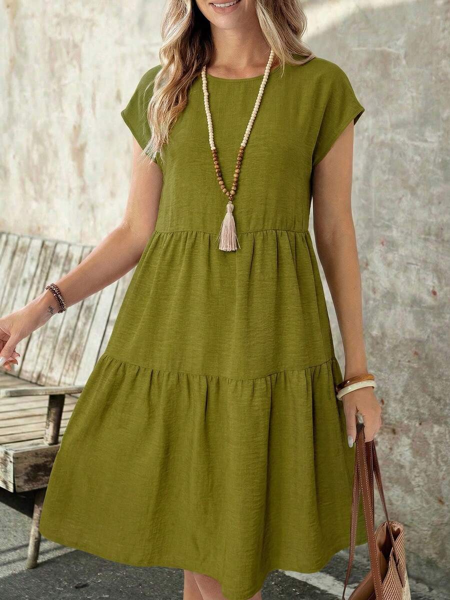 EMERY ROSE Vestido casual de manga corta con cuello redondo y largo medio, de aspecto de lino verde, para primavera/verano, informal - Multicolor - Ver 1