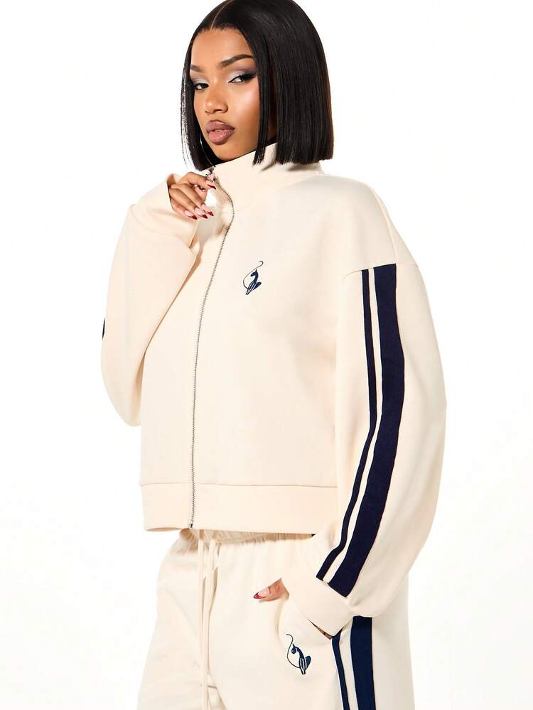 BABYPHAT ロゴ付き レーシングストライプサイドパネル ハイネック ジップアップジャケット、春のカジュアルレイヤリングに