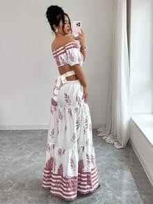 SHEIN Elenzya Đầm nghỉ mát thanh lịch dành cho nữ với họa tiết in. - Màu be - Xem 2