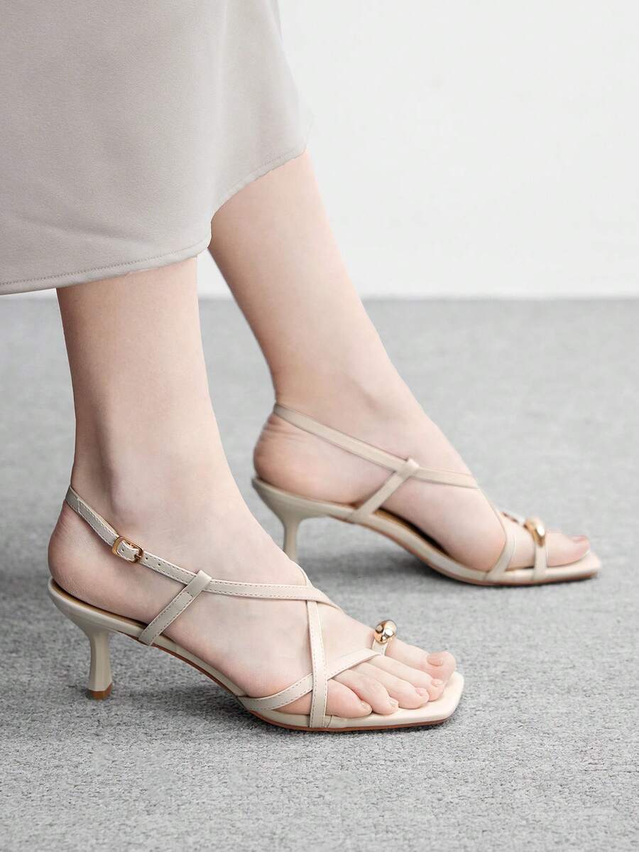 CUCCOO BIZCHIC Women's Square Toe Buckle Design Fashionable Elegant High Heel Sandals Valentine's Day - Apricot - View 1