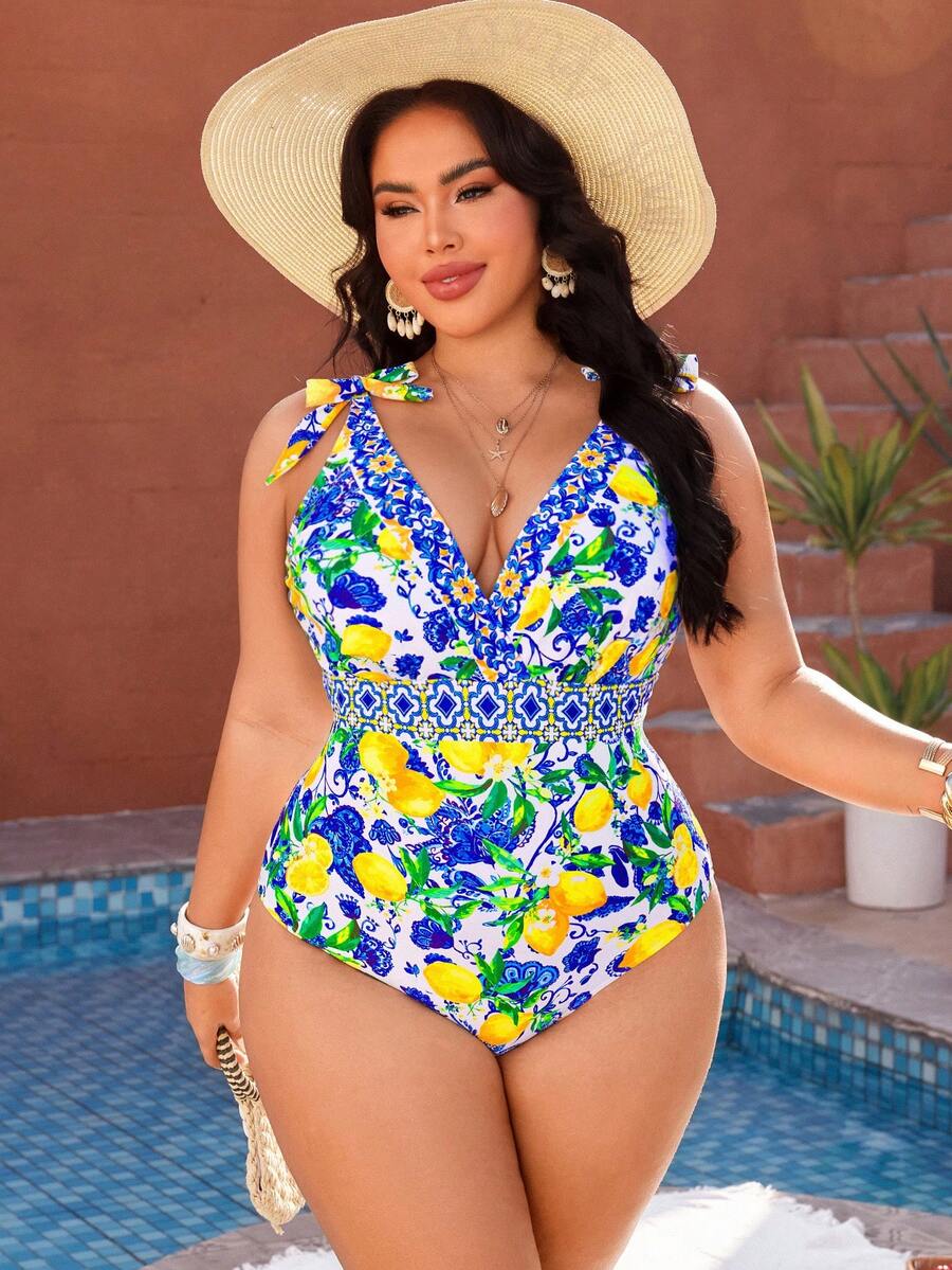 Swim Lushoire Bộ đồ bơi liền thân cỡ lớn in hình quả chanh bằng sứ xanh trắng thanh lịch, thích hợp cho kỳ nghỉ biển. - Nhiều màu - Xem 1