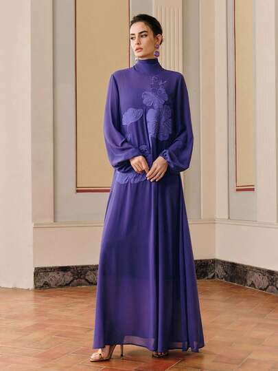 Anewsta Women's Floral Applique Turtleneck Elegant Long Sleeve Dress