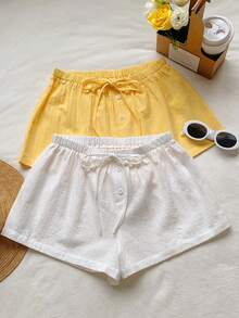 SHEIN EZwear 2条装100%水洗棉女士宽松休闲短裤，马卡龙奶油色和柠檬黄，适合夏季、度假、情人节、海滩度假、春季郊游 - 彩色 - 查看 6