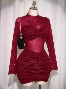 SHEIN ICON 大码女士性感夜店风黑色迷你连衣裙 - 酒紅色 - 查看 5