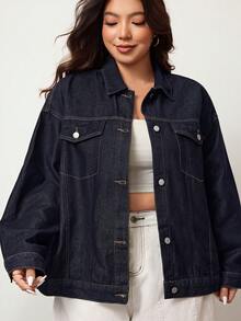 Enliva Áo khoác denim cài nút cổ điển thường ngày cỡ lớn Curve dành cho mùa hè và mùa đông - Màu xanh lam - Xem 5