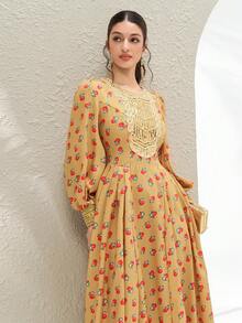 Al Najma Women's Arabic-Style Long Dress With Gold Sequined Collar, Shalky Floral Print, And Pleated Waist. Dress Modest Smocked Women Dress - Mustard Yellow - View 4