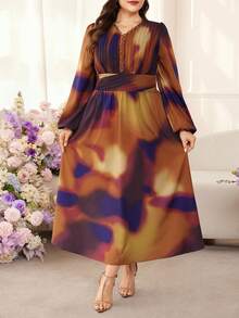 Modelyn 大码女式V领打结扎染印花长袖优雅连衣裙 - 彩色 - 查看 5