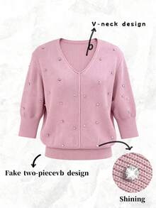 Franclia 女士春季V领水钻装饰纯色保暖毛衣，修身腰部设计，柔软针织短袖上衣，适合日常、通勤、居家、外出、感恩节等场合，女士春夏上衣 - 藕粉色 - 查看 1