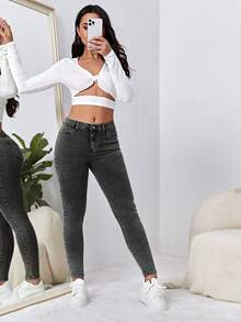 Flexra Quần jeans skinny màu trơn, túi xéo, kiểu dáng thường ngày. - Màu xám đen - Xem 5