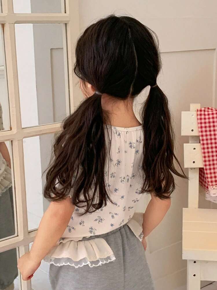 Young Girl Floral Print Lace-Up Collar Casual Everyday Short Sleeve T-Shirt Summer