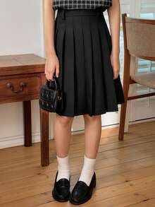 DAZY Tween Girl Solid Color Pleated A-Line Skirt, Casual School Style - Black - View 7