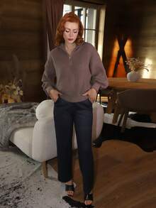 Gretanique Half Zip Drop Shoulder Grain Sweater,Long Sleeve Tops,Knitted Sweater In Fall/Winter Brown - Brown - View 5