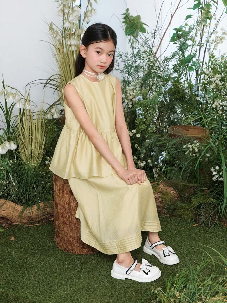 Tween Girl Solid Color Round Neck Ruffle Hem Shirt And Mini Skirt Cute Set