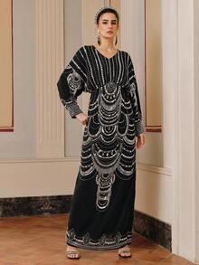 Anewsta Áo choàng Kaftan cao cấp màu đen thanh lịch, thắt eo, thêu chỉ vàng và đính cườm thủ công. - màu đen - Xem 7