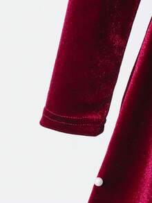 Glamorique Kids 女童复古优雅丝绒圆领长袖连衣裙，时尚串珠下摆装饰，秋冬款 - 酒紅色 - 查看 4