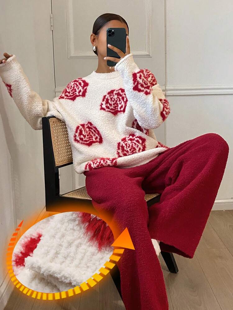 2pcs Women's Loose Rose Jacquard Knit Long Sleeve Pajama Set, Winter