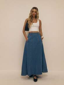 ATUI Studio Váy denim dài chữ A giản dị có túi trang trí cho nữ - Màu xanh lam - Xem 3