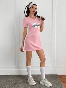 INAWLY 女士休闲撞色字母印花夏季连衣裙 - 粉色 - 查看 5
