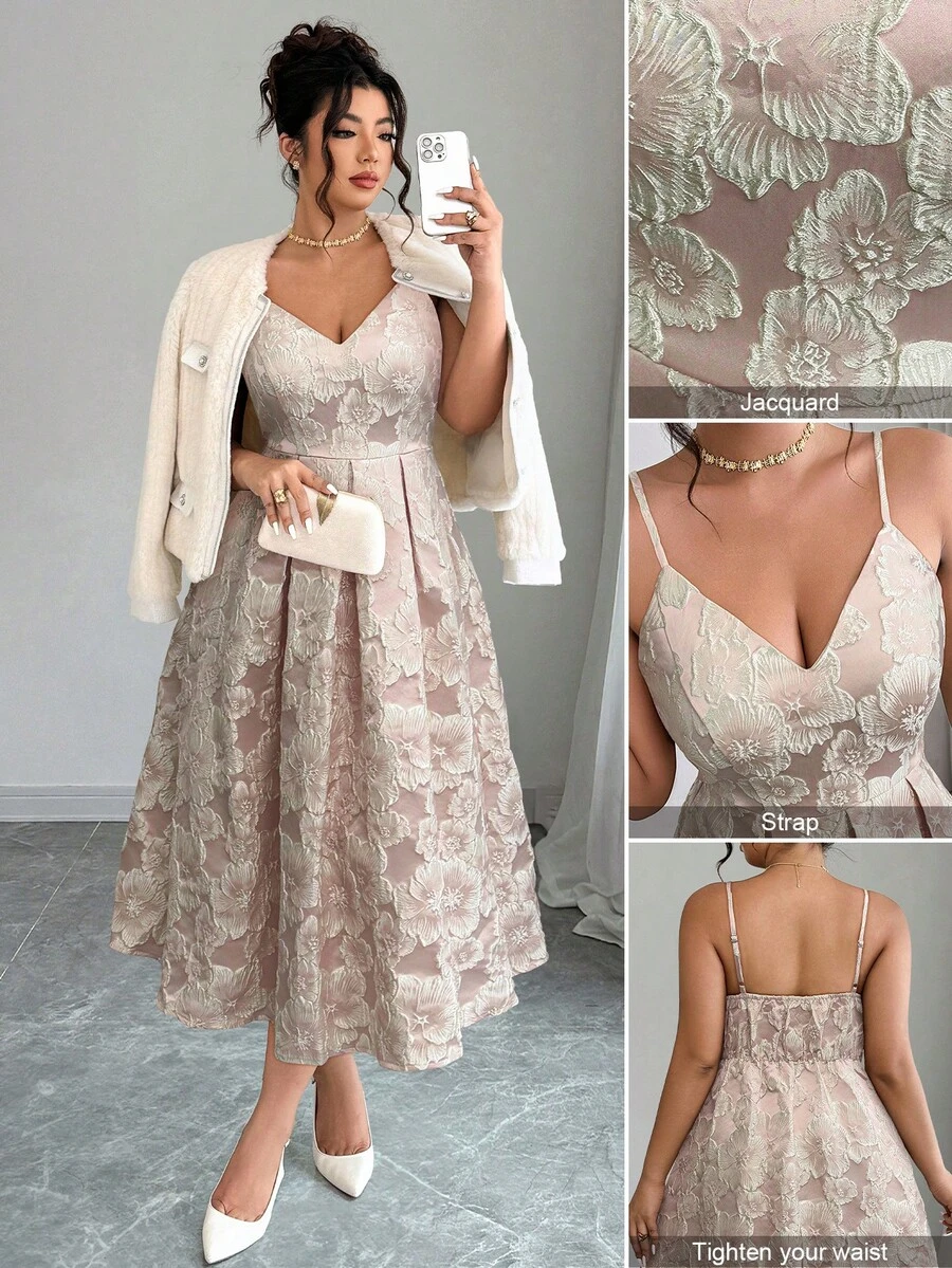 Elenzga 大码女士提花优雅吊带礼服，适合婚礼宾客、秋冬季穿着 - 淺粉色 - 查看 1