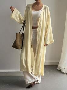 Livesso Women's Long Yellow Tie-Front Chiffon Shirt Dress, Casual Loose Lightweight Outdoor Street Beach Vacation Cardigan Spring - Beige - View 2