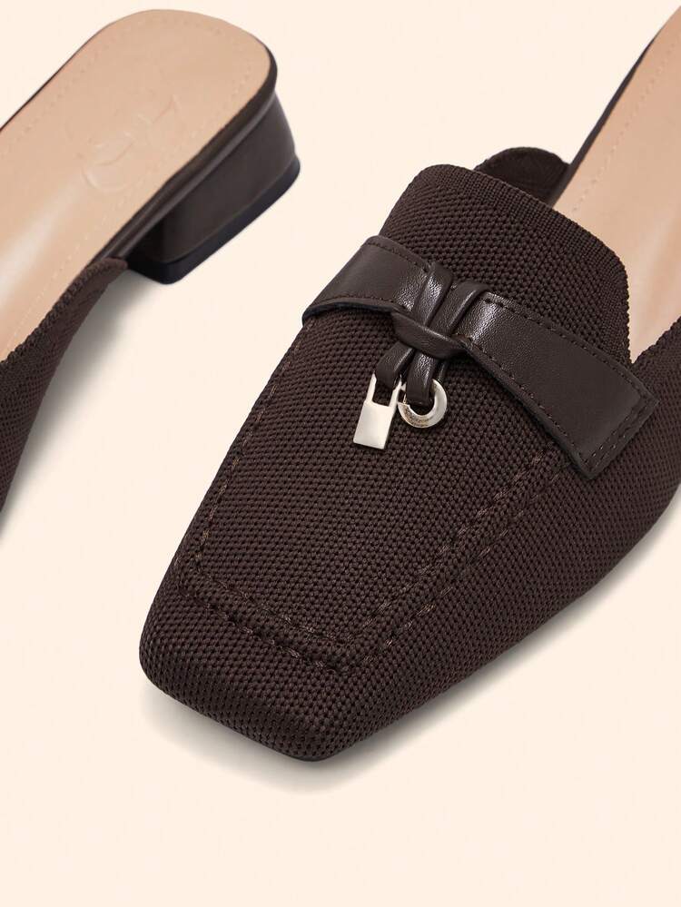CUCCOO BASICS Women's Fashion Square Toe Thick Low Heel Coffee Knit Fabric Mules Slippers, Minimalist Comfortable Breathable Slip-On Shoes For Daily, Commute, Date, Party, Holiday, Low Heel Valentine's Day