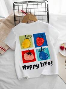 SHEIN Genkimix Kids Young Girls Fruit Graphic Print Short Sleeve T-Shirt,Cute Strawberry Pattern White Summer School Tee,Casual Comfortable Kids Y2k Tops - White - View 5