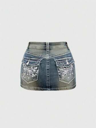 J-Fashion Jupe mini en jean vintage Y2K à taille basse, brodée de papillons, avec couleurs contrastées réglables pour femmes