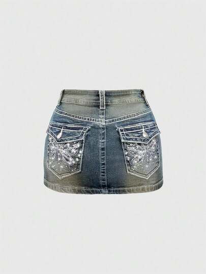 J-Fashion Y2K Vintage Denim Minirock mit tiefer Taille, Schmetterlingsstickerei und verstellbarem Kontrastfarbdetail für Frauen