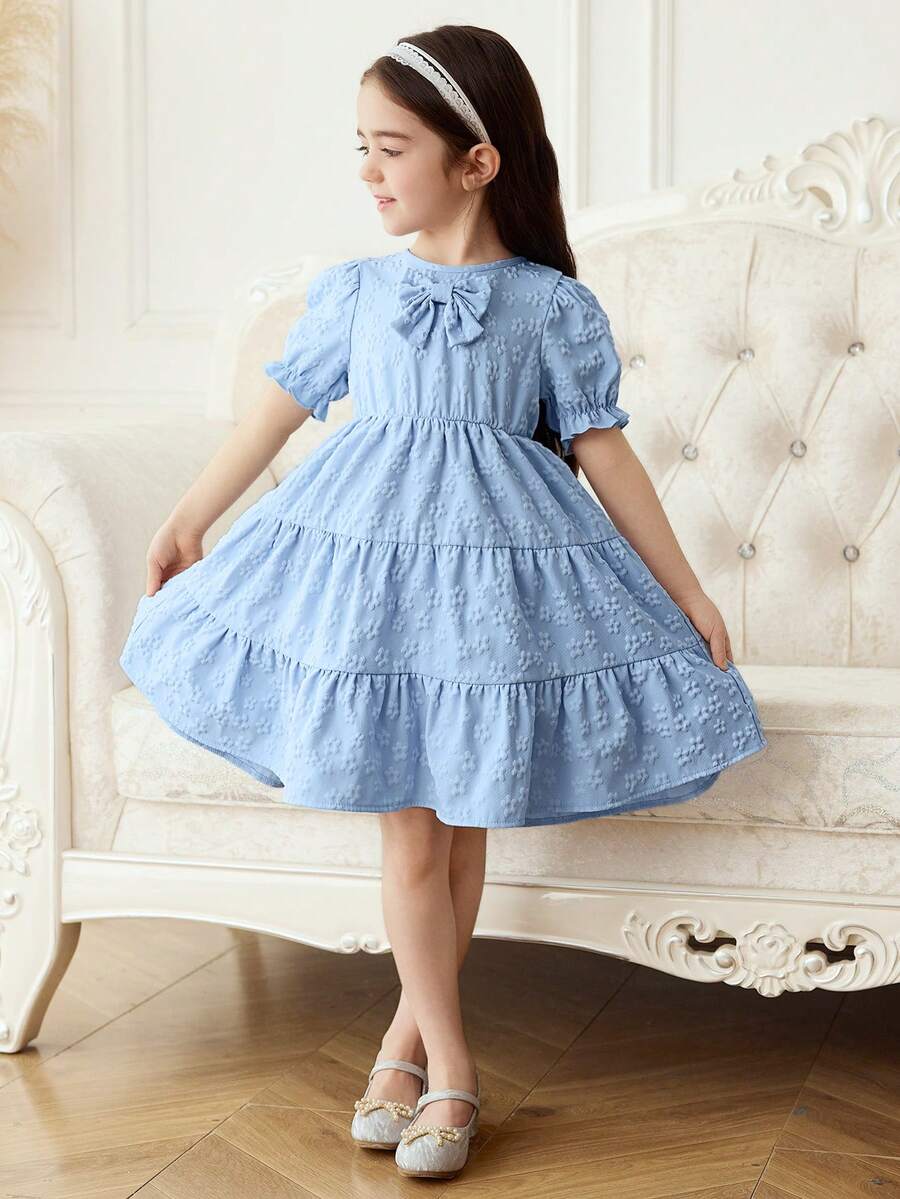 SHEIN Elladie kids Đầm chữ A tay phồng ngắn, eo tròn, màu xanh dương, chất liệu jacquard, dành cho bé gái, kiểu dáng thanh lịch. - Màu xanh lam - Xem 1