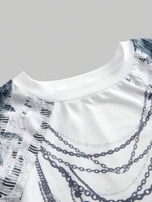 ROMWE Avant Punk Style Chain Print Asymmetrical Hem Long Sleeve T-Shirt Top - Multicolor - View 3