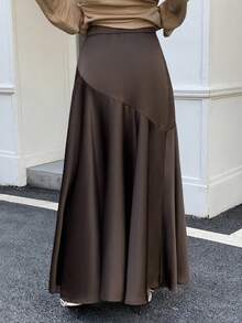 Solavon 新款春夏休闲优雅通勤、日常约会、生日派对、办公室穿着皆宜的简约现代都市A字裙，荷叶边伞裙，棕色缎面亮面长裙，女士半身裙 - 棕色 - 查看 6