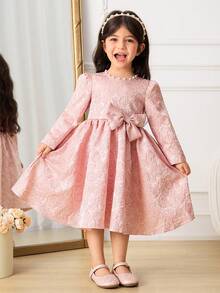 Glamorique Kids Đầm dài tay, xòe rộng bằng vải jacquard màu hồng hoa hồng cho bé gái, đầm dự tiệc sinh nhật cao cấp, trang trí nơ đính cườm thủ công, kiểu dáng thanh lịch và công chúa, phù hợp cho các dịp thường nhật, lễ hội, tiệc tối, đám cưới. - Hồng - Xem 5