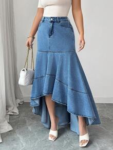 Elenzga 女士优雅高腰不对称鱼尾下摆牛仔裙 - 中等水洗藍 - 查看 6