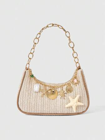 Fairycore 1pc Summer Beach Starfish Series Woven Shoulder Bag/Tote Bag, Beach Bag, Straw Handbag (Decoration Placement Random)