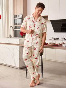 CoupledUp 男士时尚提花领印花短袖睡衣套装（2件套） - 杏色 - 查看 5