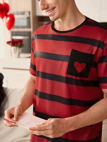 SHEIN Striped Print Patch Pocket Embroidered Men Short Sleeve Pajama Set - Multicolor - View 5