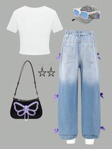 SHEIN ChillGRL 两件套女童休闲蝴蝶结T恤牛仔裤套装，适合日常穿着和通勤 - 彩色 - 查看 2