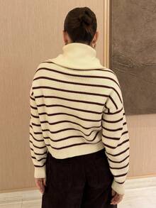 Kuleshova Casual Striped Long Sleeve Half-Zip Pullover Fall - Burgundy - View 2