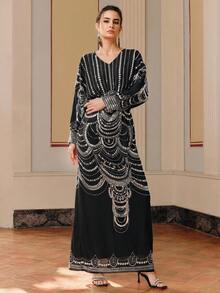 Anewsta Áo choàng Kaftan cao cấp màu đen thanh lịch, thắt eo, thêu chỉ vàng và đính cườm thủ công. - màu đen - Xem 5