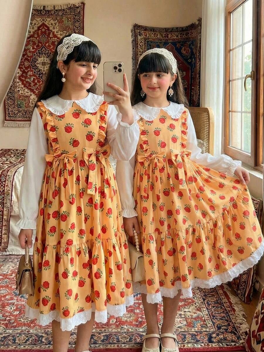 Robe à manches longues col rond pour filles avec poignets élastiques, imprimé numérique rose orange, ourlet plissé avec dentelle, style casual, polyvalent et mode princesse - Jaune citron - Voir 1