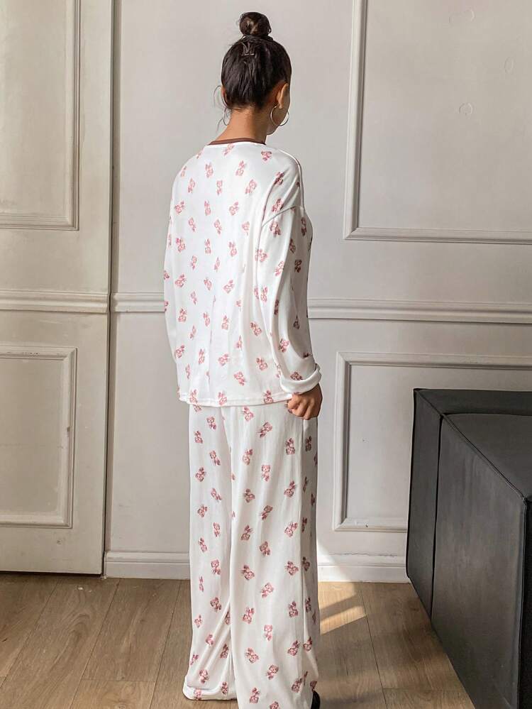 2pcs Women Bear Print Loose Long Sleeve T-Shirt And Pants Pajama Set