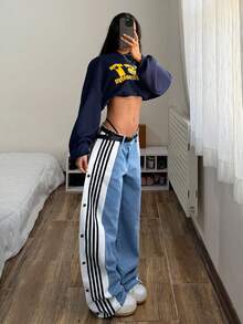 StreetHx Quần jeans nữ thời trang thường ngày, phối sọc tương phản, cài nút bên hông, cạp thấp, ống rộng, thích hợp cho đi làm hàng ngày, dịp Valentine, mùa xuân hè, phong cách Y2K, đi nghỉ mát, đi học, thời trang đường phố thập niên 90, quần jeans thường ngày phong cách Y2K. - Màu xanh lam - Xem 6