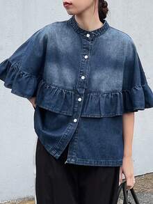 FRIFUL 女士休闲水洗荷叶边前扣牛仔衬衫，夏季 - 藍色 - 查看 6