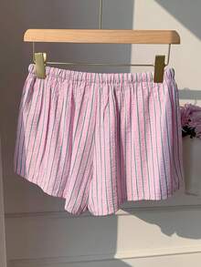 SHEIN EZwear Quần short nữ ống rộng kẻ sọc hồng. - Hồng - Xem 2
