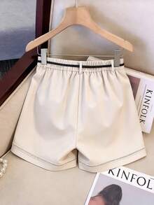 SHEIN ChicEase Women's Elegant Summer Shorts In All Shades Of Brown,City Break Mid-Rise Wide-Leg A-Line Paper Bag Shorts With Woven Rope Belt And Scarf Decoration - Apricot - View 2