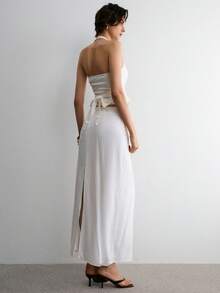 ATUI Studio Bộ áo vest cổ yếm tối giản và chân váy maxi thường ngày - trắng - Xem 3