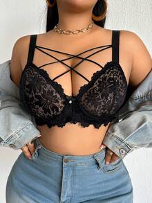 DesireSculpt 1 pieza Sujetador con aros de encaje negro de talla grande - Negro - Ver 6