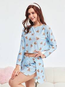 Bonmuse 2件組女款舒適半鏤空熊圖案長袖睡衣家居套裝，可愛圓領上衣與側開衩短褲居家服，舒適穿搭，秋冬夏季皆宜 - 藍色 - 查看 5