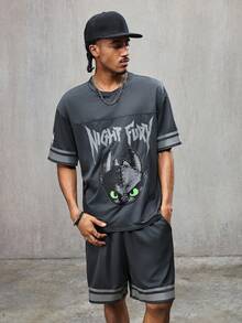 SHEIN How to Train Your Dragon Men's Casual Letter & Dragon Print Drop Shoulder T-Shirt And Shorts Set, Summer - Black - View 5